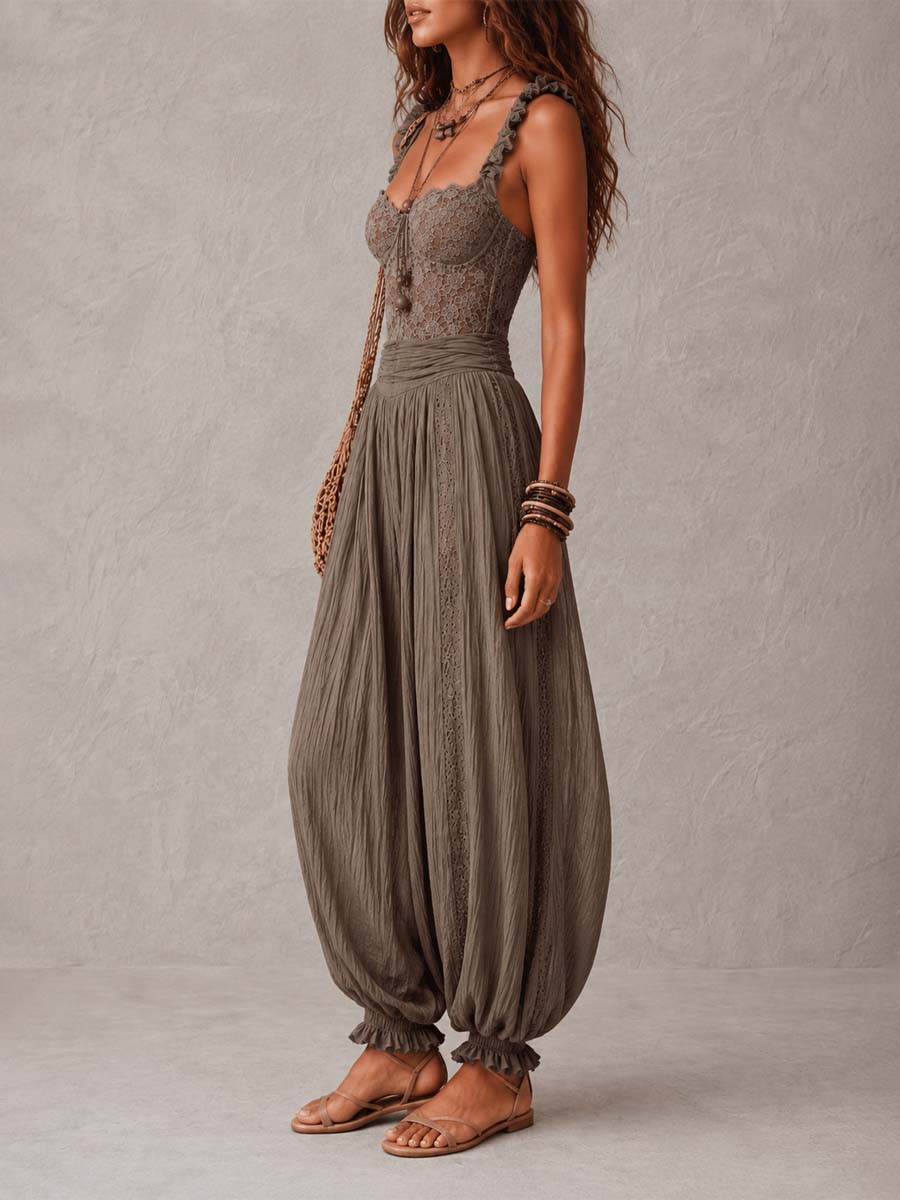 NIEVAS | Grey Lace Bandeau Set and Pleated Cotton Harem Trousers