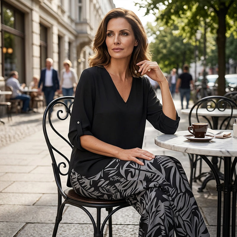 Leire | Conjunto de mujer blusa con cuello en V y pantalones estampados de corte ancho