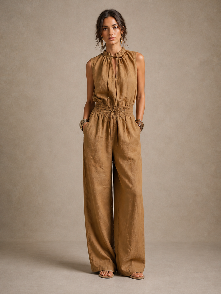 ZENAIDE | Camel-coloured Jumpsuit with High Tied Neckline and Wide Leg