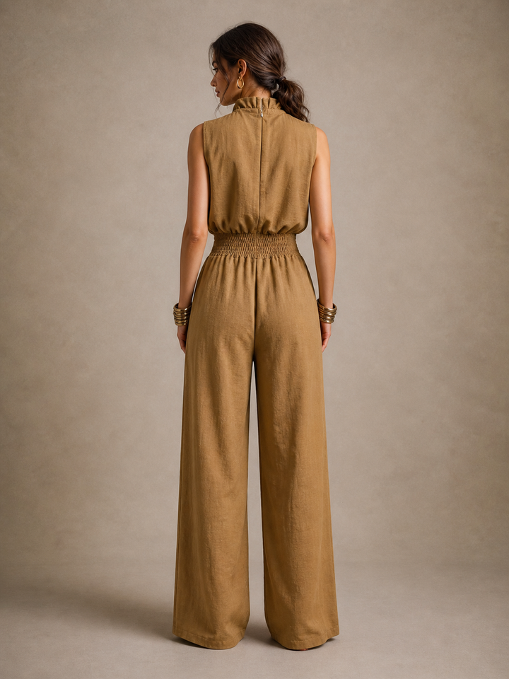 ZENAIDE | Camel-coloured Jumpsuit with High Tied Neckline and Wide Leg