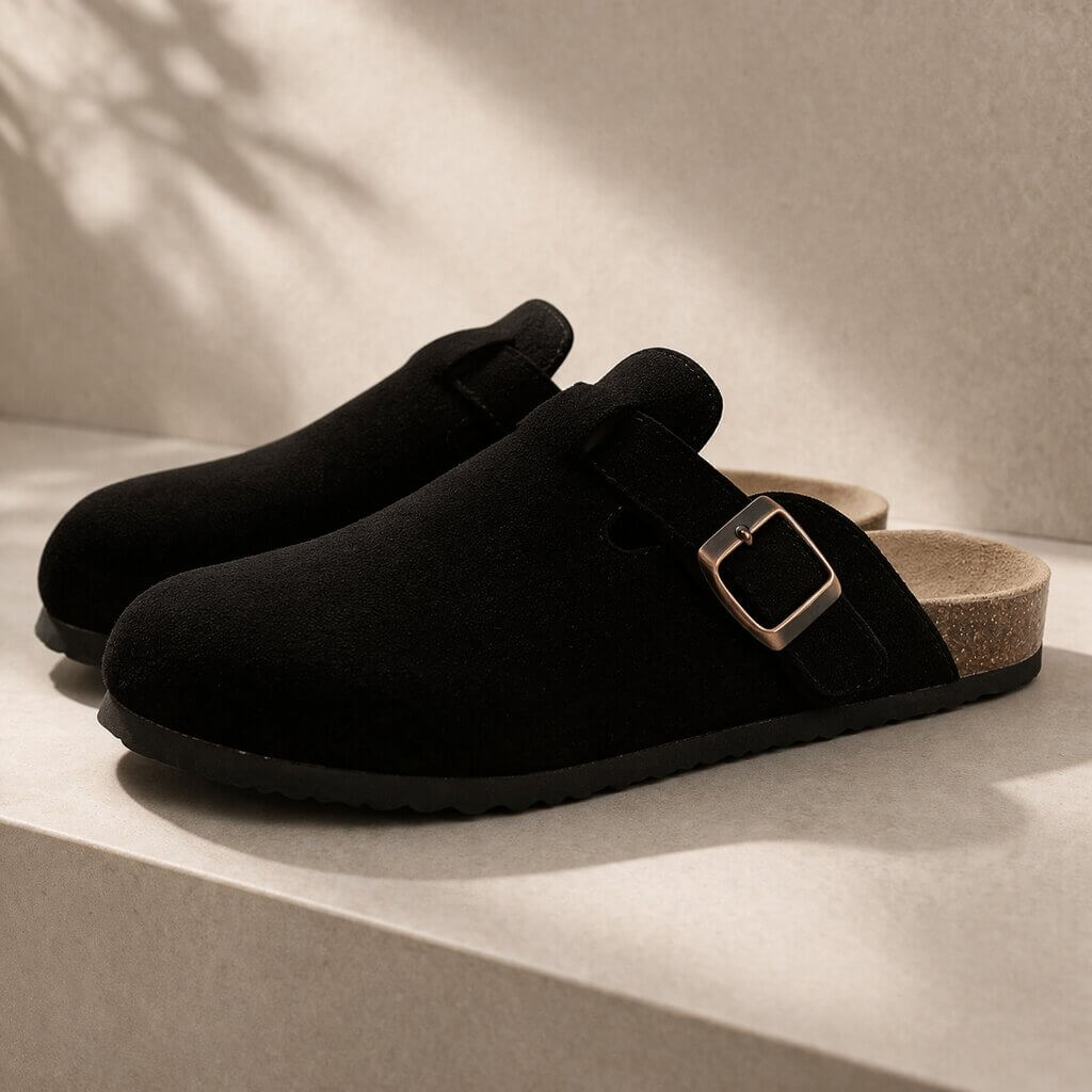 Suede Buckle Clogs | Adjustable Strap &amp; Comfort Footbed