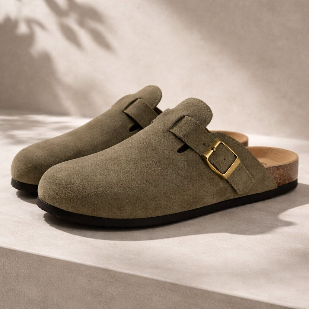 Suede Buckle Clogs | Adjustable Strap &amp; Comfort Footbed