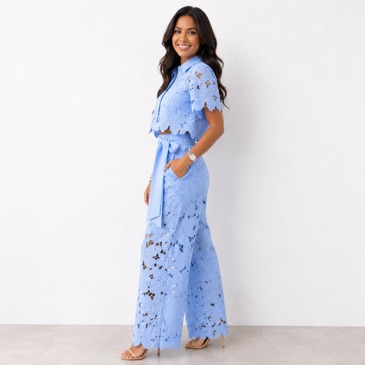 Isabella | Lace Crop Shirt &amp; Tie-Waist Trousers Set