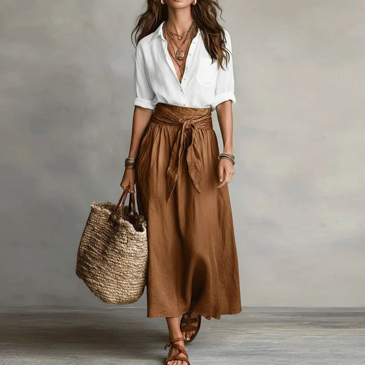 Jeanelle | Linen Shirt &amp; Tie-Waist Skirt Set