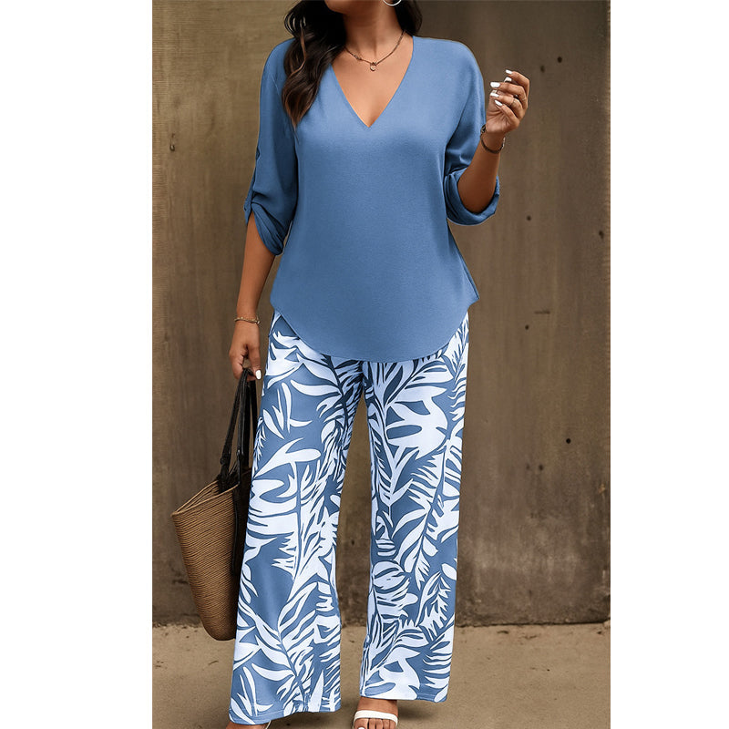 Leire | Conjunto de mujer blusa con cuello en V y pantalones estampados de corte ancho