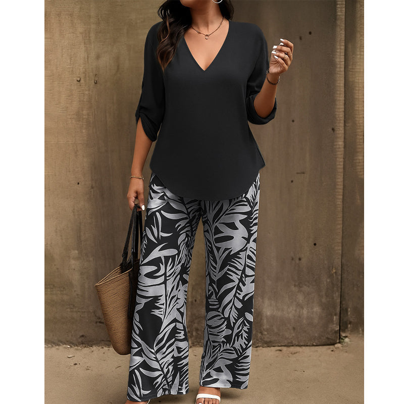 Leire | Conjunto de mujer blusa con cuello en V y pantalones estampados de corte ancho