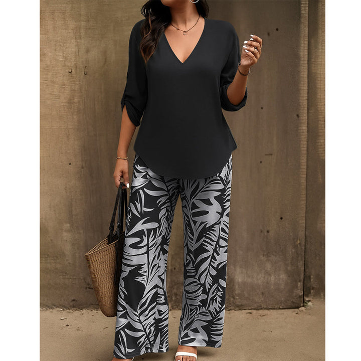 Leire | Conjunto de mujer blusa con cuello en V y pantalones estampados de corte ancho
