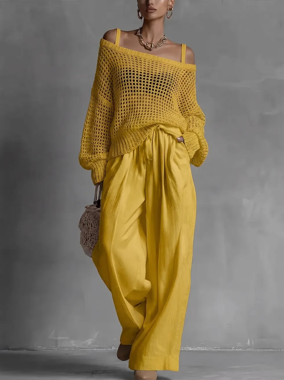 Claribel | Crochet Knit Top &amp; Wide-Leg Trousers Set
