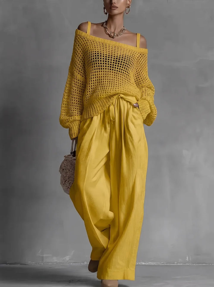 Claribel | Crochet Knit Top &amp; Wide-Leg Trousers Set